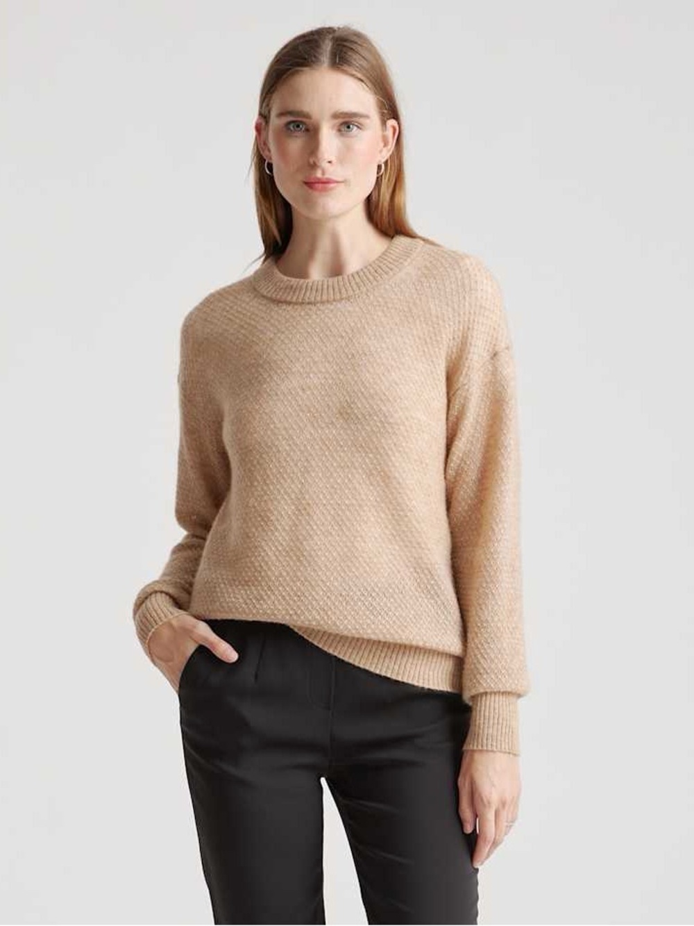 Quince Baby Alpaca-Wool Diamond Stitch Crew sweater in camel